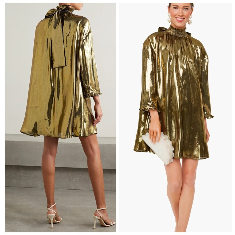 RHODE Gold Lame Bow Trapeze Dress PRIYA Mini Size XS/SMALL - Tags Included